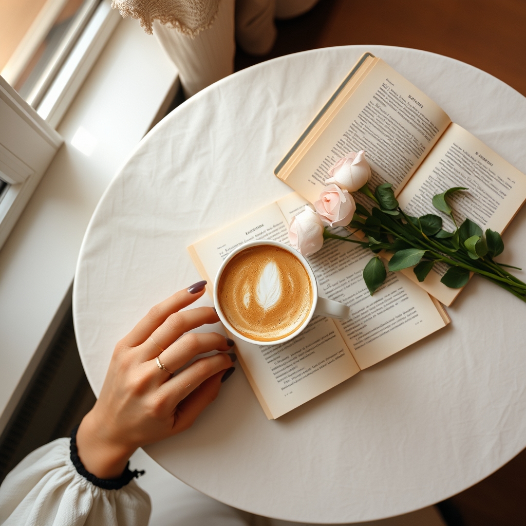 Mesa de cafe con flores rosas, libro y manos femeninas sobre lino crema